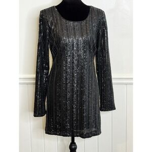 Dress the Population Black Sequin Cocktail Dress M Long Sleeve Glam Gala USA